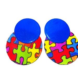 Hand Made Wood and Autism Awareness Fabric Earrings.